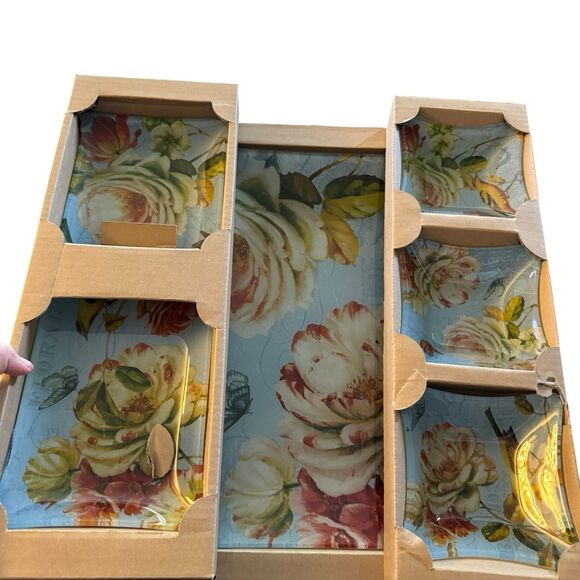 NEW Spring Romance 5-Piece Glass Serving Set Blue Floral Platters Bowls - Picture 6 of 11